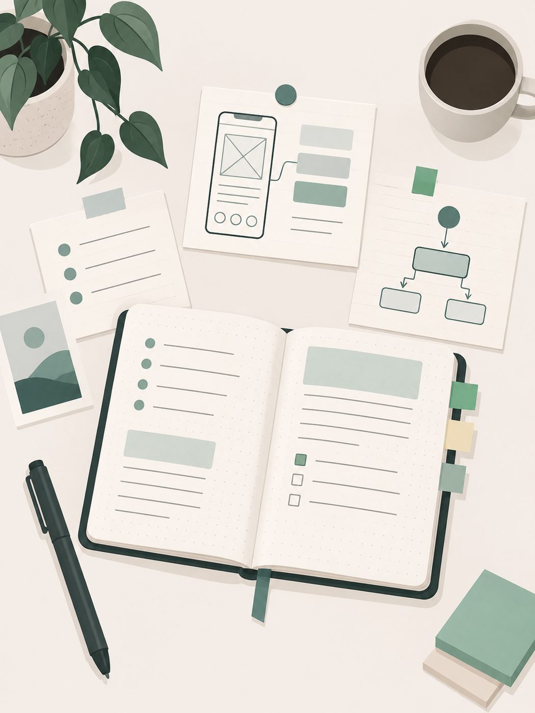 Illustration of an open notebook with study cards